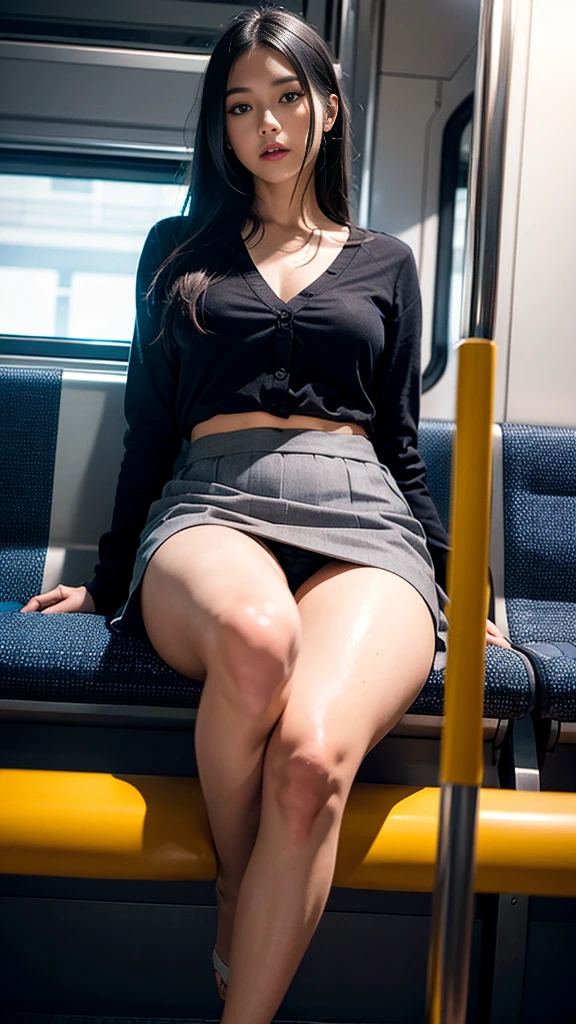 "(masterpiece, High resolution, Ultra High resolution, 4K) Black Hair, Japanese girl, Uniform skirt, Accentuate your thighs, White thighs, Soft thighs, Glossy thighs, Sitting on a train, Facing angle, (Angle from below),sitting in a train seat,Sit in front,Zoom camera on crotch,Put your feet on the train floor,whole body,Looking down and sleepy,Watch only viewers", Highest quality, 超High resolution, (Realistic:1.4),, High resolution, detailed, RAW Photos, sharp, Nikon D850 film stock photo by Lee Jefferies 4 Kodak Portra 400 camera F1.6 Lenses、Rich colors、Ultra-realistic and lifelike textures、Dramatic lighting、Unreal Engine、Art Station Trends、Cinestar 800,