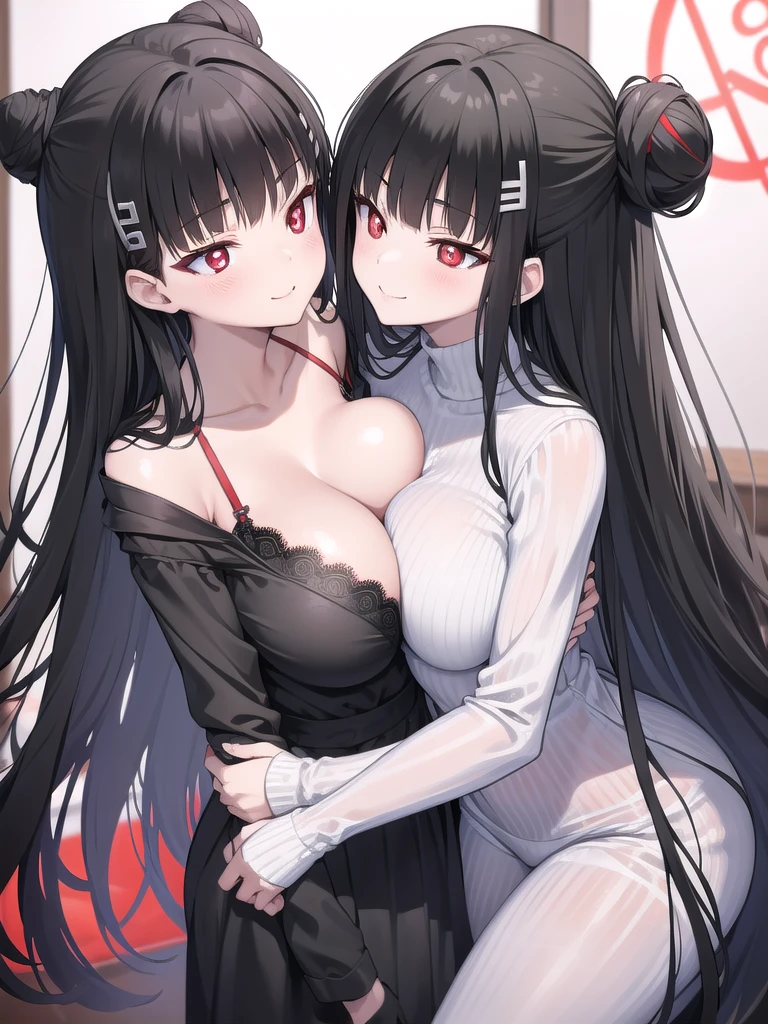 Rivertsukatsuki, River, black hair, (red eyes:1.5), Bun Hair、Extremely large breasts(4700)、 Lace Lingerie、 girl with long black hair and long grey hair、Twins hugging、smile