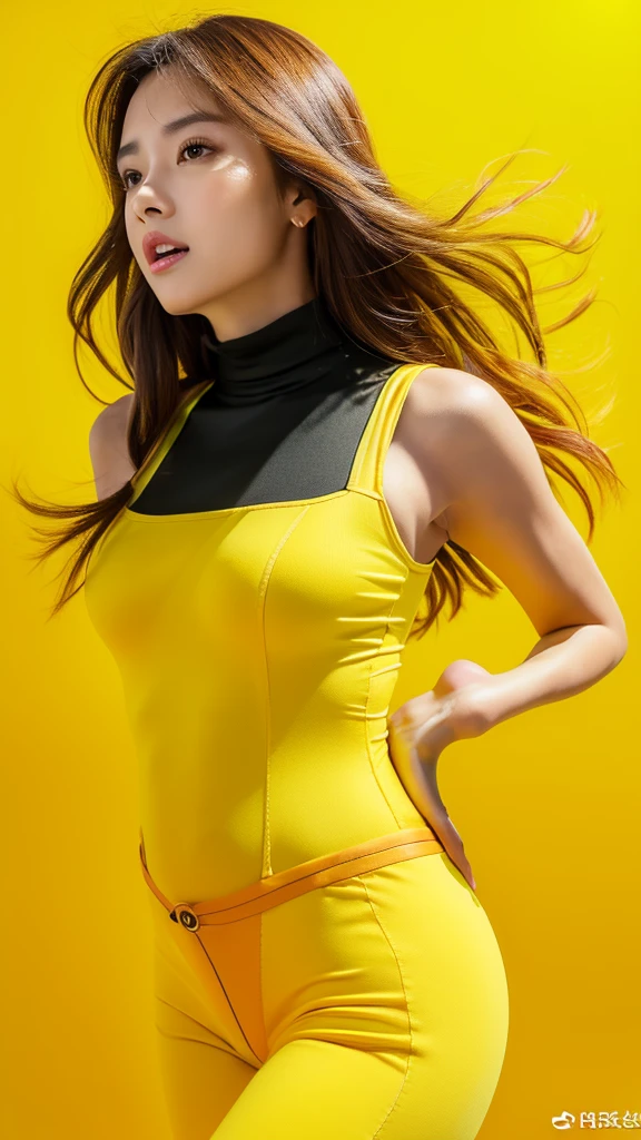 (sunflower),(detailed face),((crotch)),normal breasts,pretty,sleeveless and turtle neck yellow clothes,4k ,super high resolution ,(photo-realistic: 1.7),yellow background, black long hair,