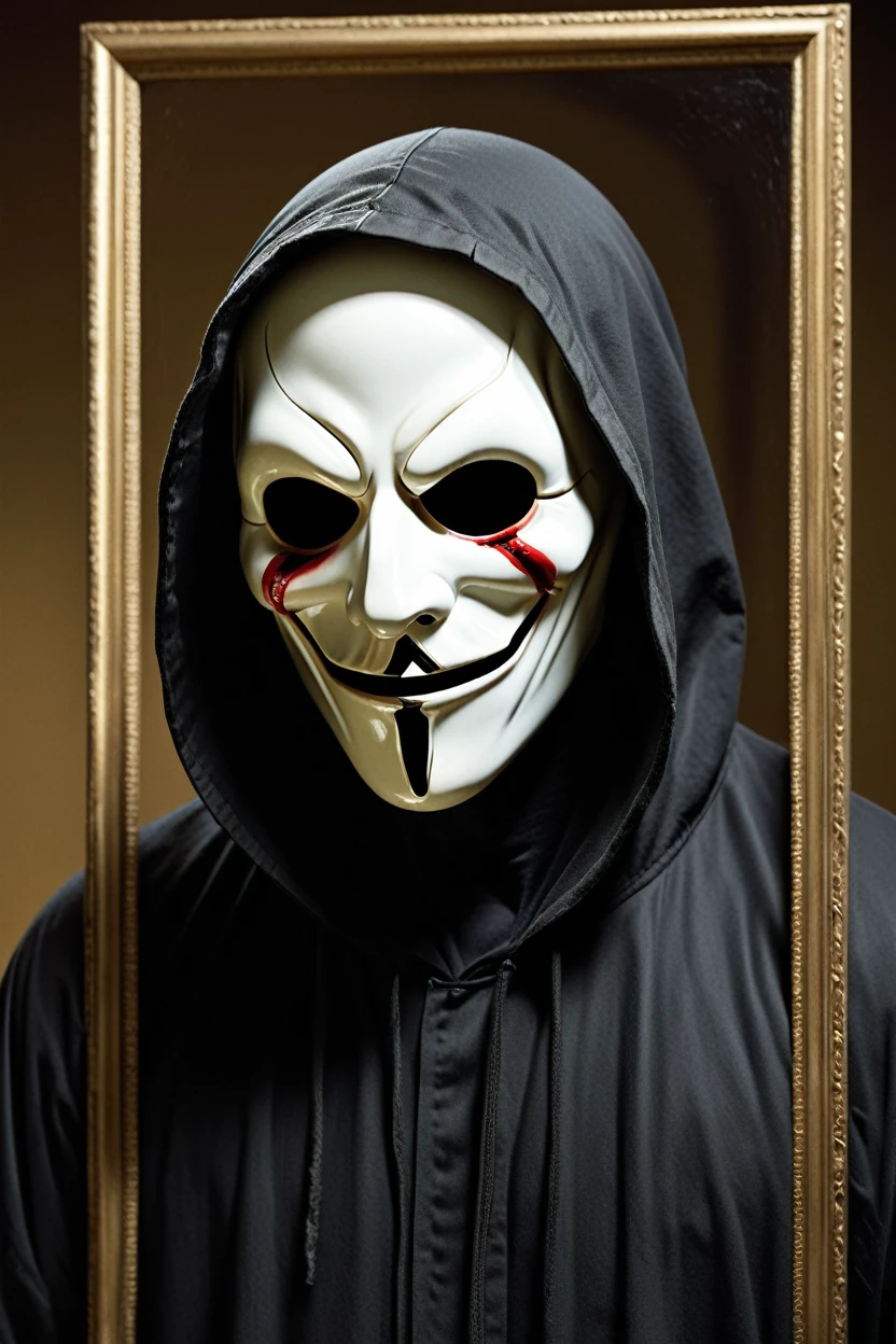 Emerging from the depths of cinematic horror, the iconic Ghostface, the embodiment of the Scream franchise, emerges in a captivating close-up portrait. Inspired by Edvard Munch's masterpiece "The Scream," the white mask, a symbol of terror and dread, features an exaggerated mouth and darkened eyeholes, concealing the identity of the killer beneath. A hint of the black hood framing the face adds an air of mystery and intrigue. Dramatic side lighting casts deep, defined shadows, emphasizing the mask's haunting features. Rendered in cinematic style and captured in breathtaking ultra-high resolution, the focus shifts to the intricate details of the mask's texture, revealing the subtle imperfections that add to its chilling realism.