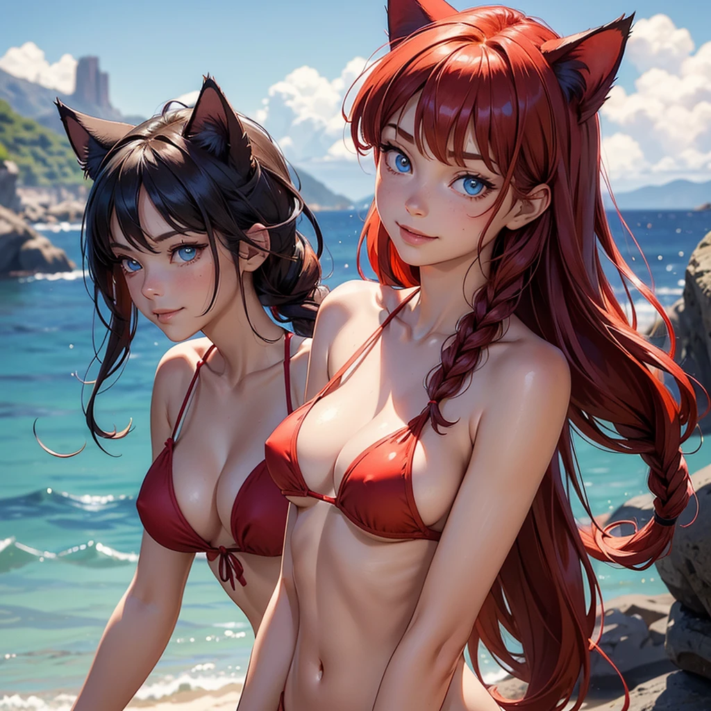 (high resolution, upper body, soft skin:1.2),(best illustration,masterpiece:1.2),ultra-detailed,[(cat ears , red inside:1.2, red braided hair, blue cat eyes),vivid colors,sharp focus, sunlight,bokeh, wearing a checkered bikini, beach background, smiling, walking to the water