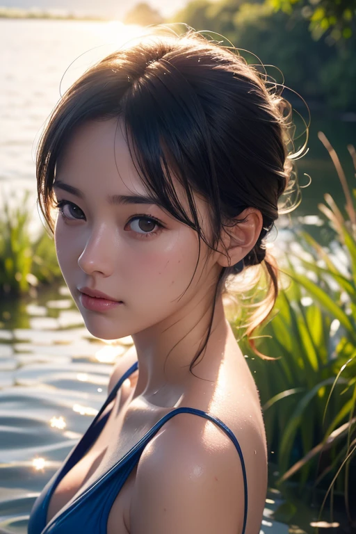 close up portrait of a woman in micro Triangle Bikini, micro T-string , beautiful saggy breast, medium breast , bathing in a river, reeds, (backlighting), realistic, masterpiece, highest quality, lens flare, shade, bloom, [[chromatic aberration]], digital painting, hyperrealistic