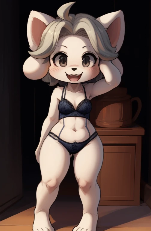 chibi, art by dagasi, [temmie], [undertale], [Uploaded to e621.net; (Pixelsketcher), (wamudraws)], ((masterpiece)), ((HD)), ((solo portrait)), ((front view)), ((feet visible)), ((furry; anthro)), ((detailed fur)), ((detailed shading)), ((beautiful render art)), {anthro; (slim figure), (white body fur), black nose, cute and beautiful grey eyes, short grey hair, (curvy hips), (beautiful legs), (beautiful feet), (excited smile)}, {(cute lace lingerie)}, {(standing), (looking at viewer)}, [background; (shop), (countertop), (ambient lighting)]