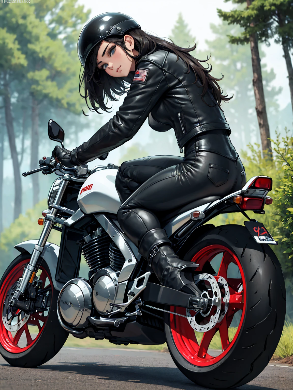 masterpiece, best quality, sketch, (1girl), (full faced bike helmet), black hair, (leather jacket, leather pants, biker boots:1.3), solo, looking to the side, facing side, (riding a motorcycle, motorcycle, sports bike:1.4), light particles, scenery, outdoors, forest, woods, cloudy sky, grey skies, bokeh, blurry background, 200mm lens, motion blur, motion lines,