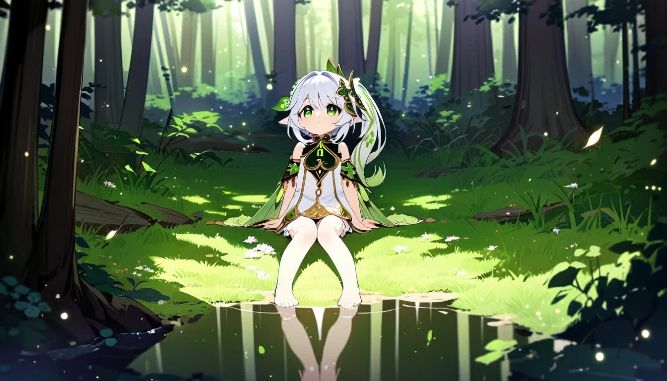 masterpiece,Highest quality,in the forest,alone,One girl,Light particles,Wide Shot,
Nahida,Look Up, Arm support, reflection,Green Eyes,