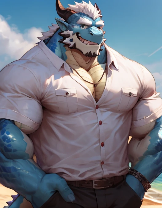 （Perfect quality）A male，Dragon Orc，Blue scales，White hair，White shirt，Loose jacket，Strong muscles，Hands in pockets，Smile cheerfully，8K，HD，Beach background，