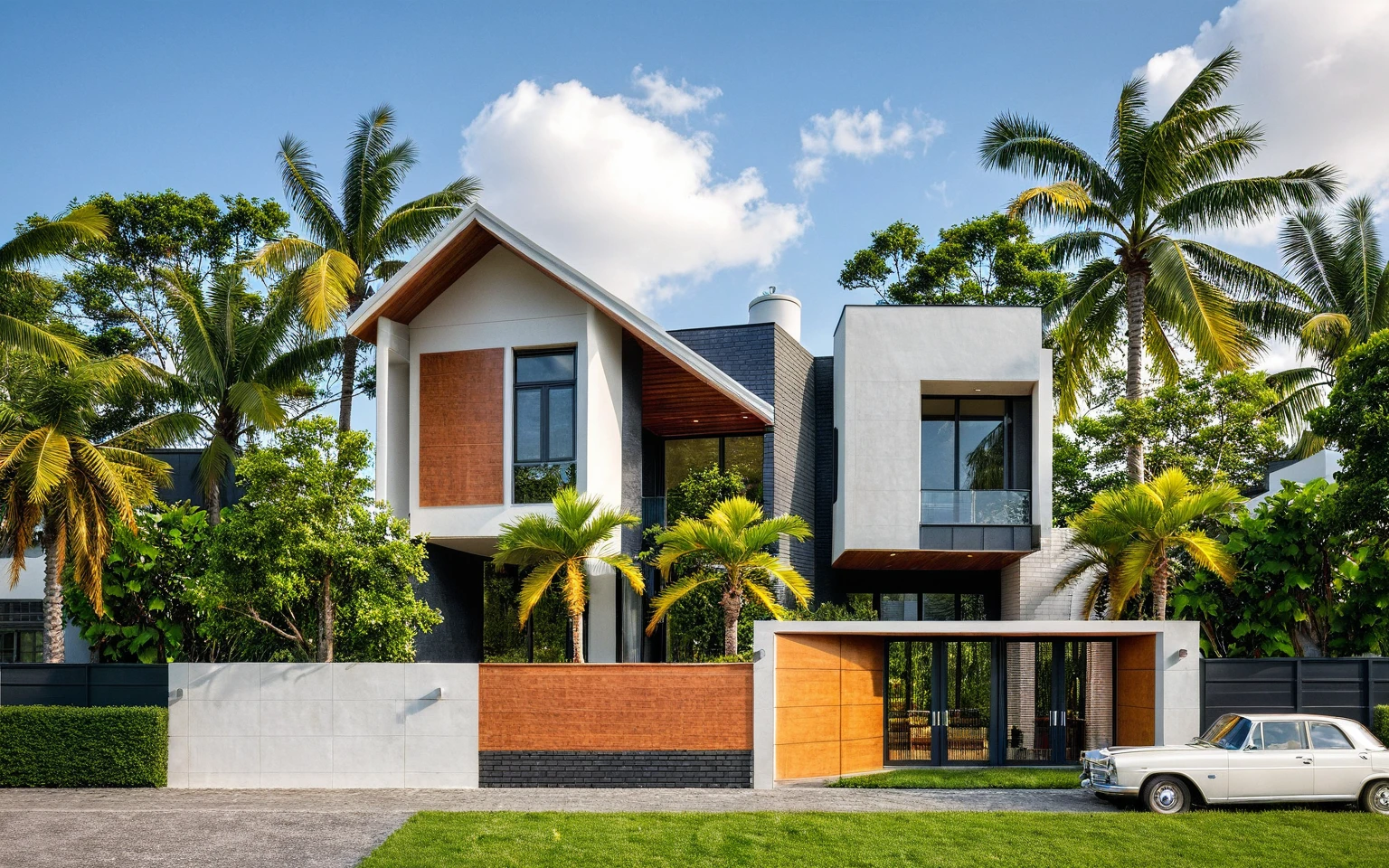 Masterpiece, high quality, best quality, realistic, super detailed, outdoor, modern style, grass, trees, blue sky, clouds, (date: 1.1), surreal lighting, white wall , walls accented with brown bricks, glass railings