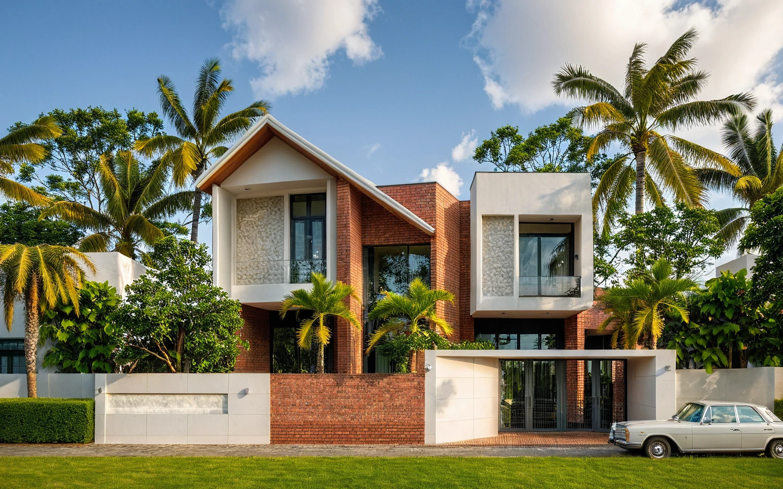 Masterpiece, high quality, best quality, realistic, super detailed, outdoor, modern style, grass, trees, blue sky, clouds, (date: 1.1), surreal lighting, white wall , walls accented with brown bricks, glass railings