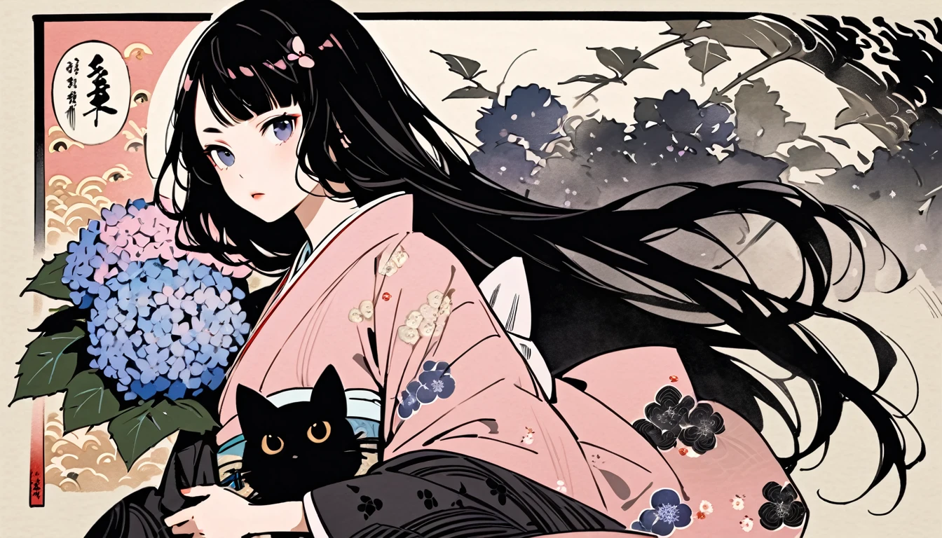 Highest quality, Katsushika Hokusai, Ink Painting, (((very straight longhair))), (((hydrangea))), (((Pale pink kimono))), (((One black cat))), headphone, beautiful girl, Black Hair, Delicate and precise, Modern ukiyo-e style