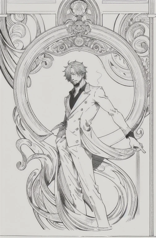 European man's portrait, full body picture, handsome man, straight short hair covering half his face, curly eyebrow, sanji, attractive, blonde, romantic frame, decorative panel. abstract, elegant beauty, gentle, kind, sweet, wearing suit, smoking cigarette, smoking, black suit,
Art by Alphonse Mucha, sketch, character lines and scenes without colors and shadows.
(Masterpiece, Best Quality, Highres:1.4), Detailed, Intricate Details, 4K, color splashes, line art, fibonacci,  Sanji, sanjiop, sanji2, new, new style, side view, 3/4 view, 