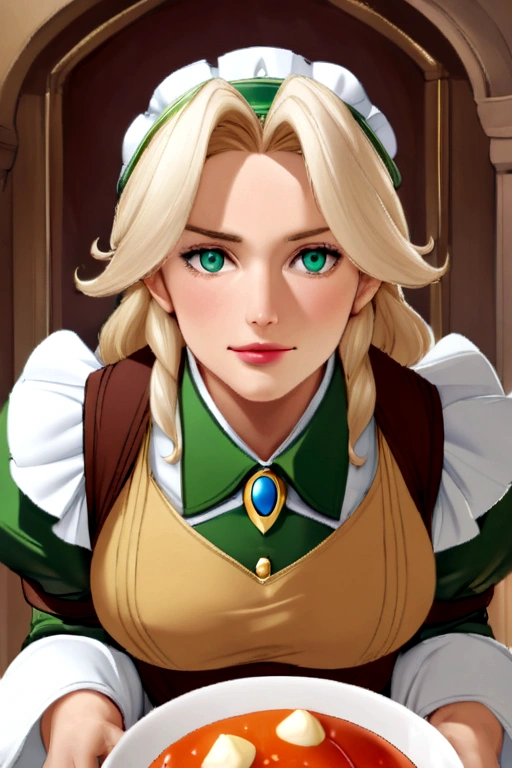 Bela, Disney's charming heroine, transformed into a waitress serves mead to Draco Malfoy, the cunning Hogwarts student, wearing your . Bela, Disney's charming heroine servindo hidromel com sorriso malicioso em um bar dentro do castelo mágico, all stylized in classic Disney 2D style.