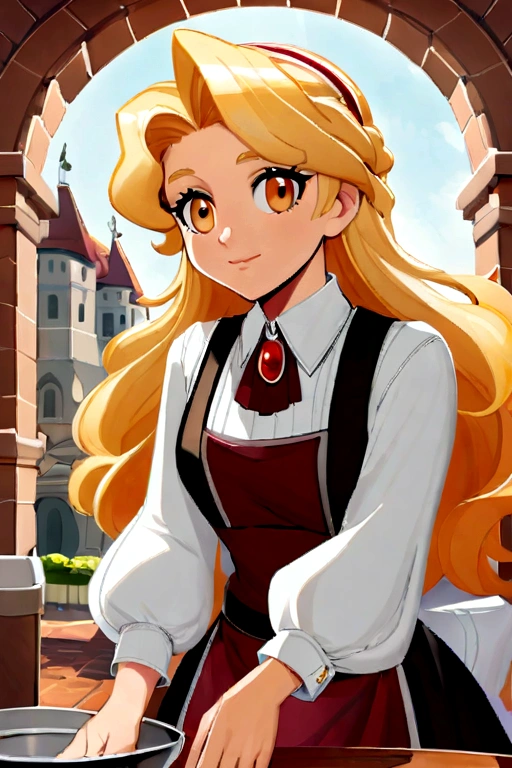 Bela, Disney&#39;s charming heroine, transformed into a waitress serves mead to Draco Malfoy, the cunning Hogwarts student, wearing your . Bela, Disney&#39;s charming heroine servindo hidromel com sorriso malicioso em um bar dentro do castelo mágico, all stylized in classic Disney 2D style.