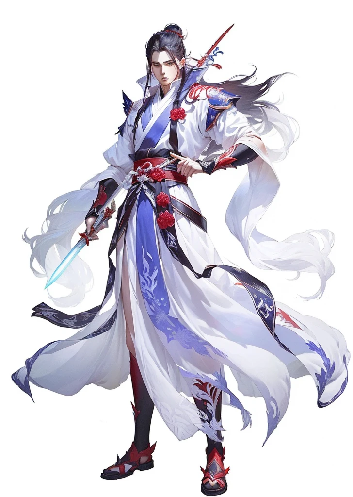 A man in white holding a sword,Dressed in red, Full body fairy, Full body martial arts, Onmyoji detailed art, she is holding a sword, Inspired by Guillaume, heise jinyao, Inspiration from Du Qiong, 剑 zero video game character,Long Sword, xianxia hero