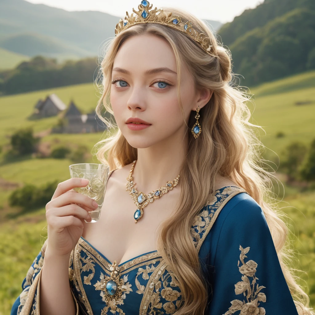 (logo、Masterpiece、8k、Mesa、photo and grosarvelous、最high quality、Photorealistic and hVery detailed CG integrated 8k wallpaper、high quality、Very detailed、Narrative poem、particle effects、dynamic effects、Depth of written limits.、cinematic light、Lens flare、ray tracing)、Fancy、 (1 beautiful blonde woman with bright blue eyes、beautiful woman with features of actress Amanda Seyfried、brown dress with delicate jewelry、Medieval queen dresses、crown with delicate details、dark brown dress、Silver Flower Embroidery Pattern、completely brown dress like that of a queen、by rubio、beautiful face、The real way、beautiful details、beautiful blue eyes、 beautiful skin)、Hair flutters in wind、hair bounces、beautiful castle a perfect hand having tea, Sakurafubuki、Spectacular view、sunrise、sun in the background、wind、God々、served、God story、vast land