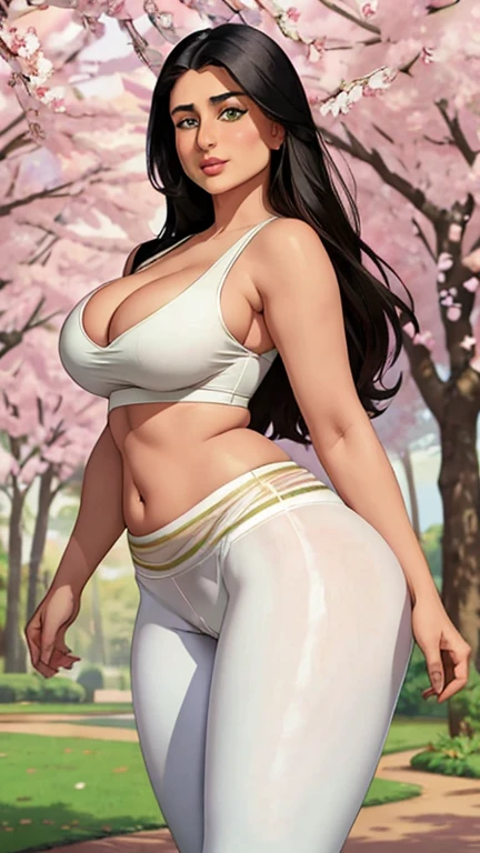 Kareena Kapoor face, Realistic face, Indian model, beautiful face, light green eyes, long black hair, tight shirt and white leggings, big round breasts, tight bust, deep cleavage, deep navel, fair skin, wide hips, cameltoe, big round ass, MILF BODY, Sakura tree in background, sexualize