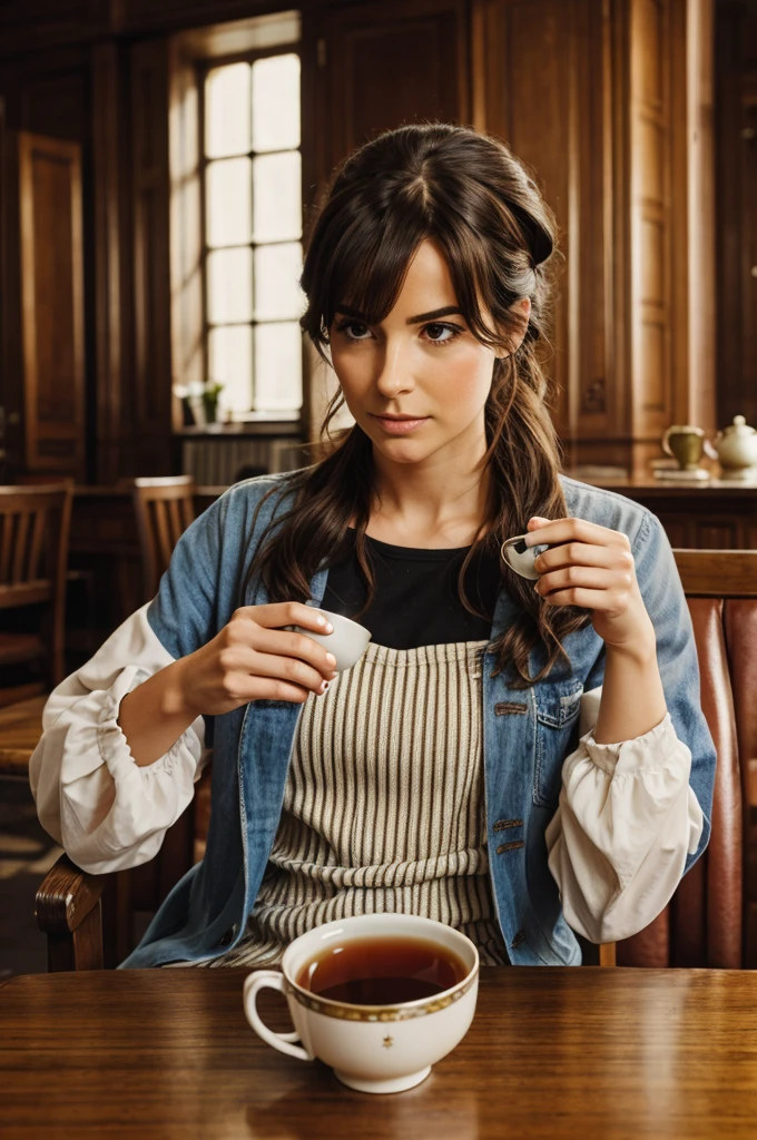 A british book character drinking tea and telling facts