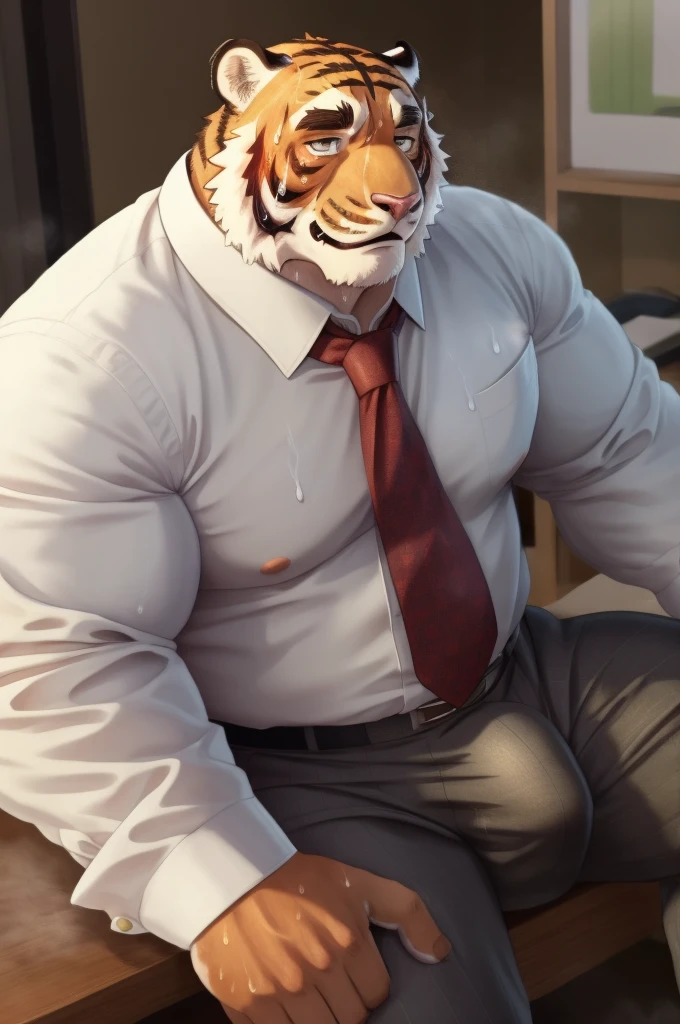 Author: bontiage, (1 boy), One, tiger, big bulge crotch, boner, pants, (sweat:2.0), long sleeve plain shirt, necktie, Men's Second, kemono, hot body, muscle, Beautiful, sexual, Attractive guy, (Detailed black eyes), brows, (masterpiece, A high resolution, Best quality), 4K, a male, Beautiful shadow, (red cheek:1.5)