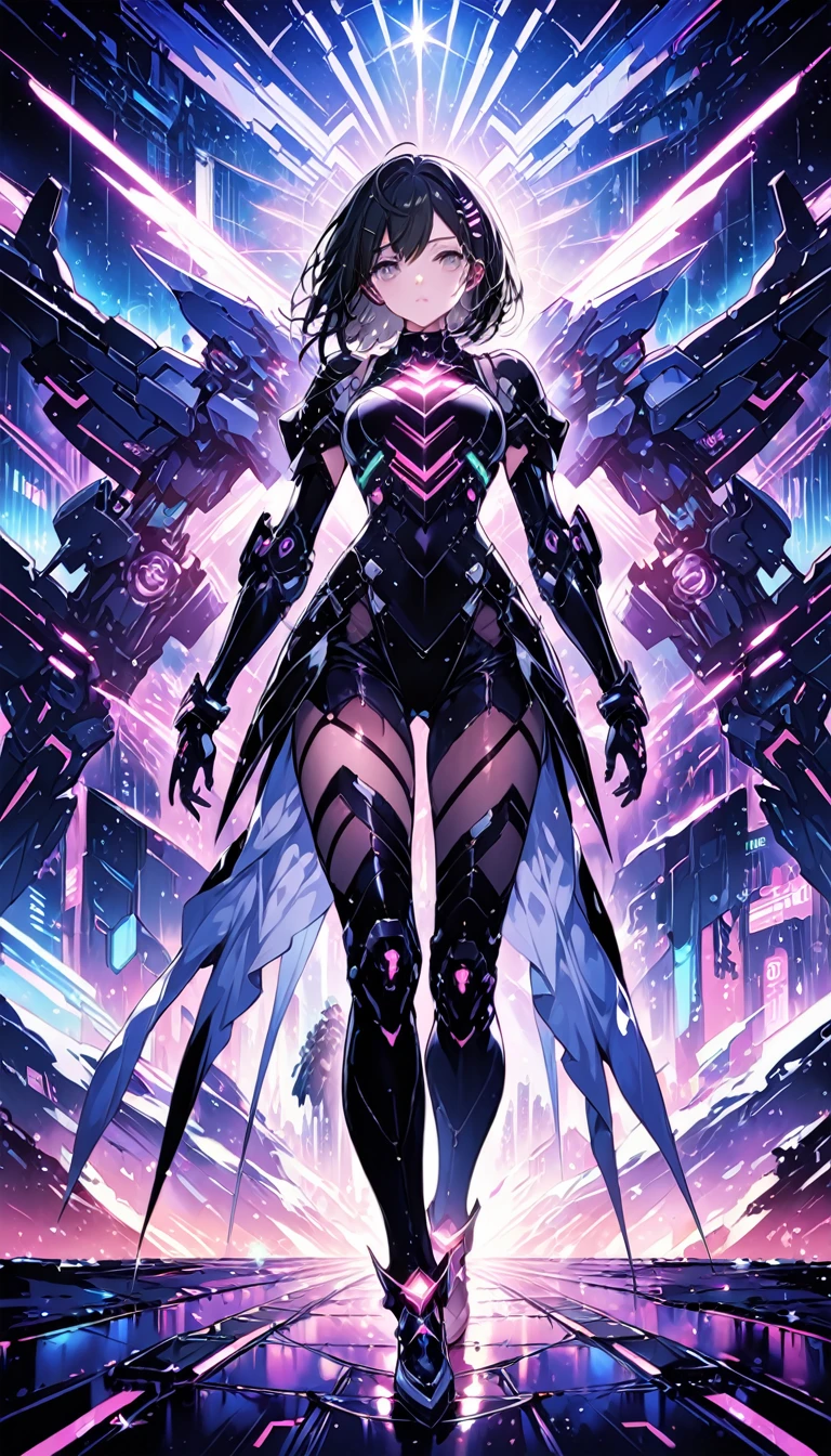 Highest quality ,masterpiece, shape, Very delicate and beautiful, Very detailed ,CG ,Unity ,8k wallpaper, wonderful, finely, masterpiece,Highest quality,Official Art,Very detailed CG Unity 8k wallpaper,Confused, incredibly Confused, Very detailed, High resolution, Very detailed,Beautiful detailed girl,The light shines on your face, 1 Girl, Mecha, armor, Mechanical_body, Black Hair, Spaceship, city, cyber punk, star,