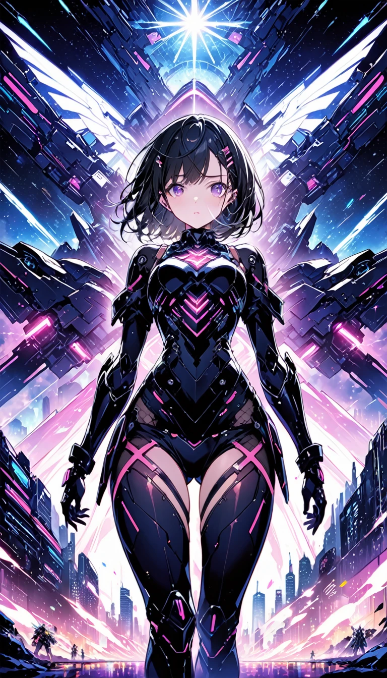 Highest quality ,masterpiece, shape, Very delicate and beautiful, Very detailed ,CG ,Unity ,8k wallpaper, wonderful, finely, masterpiece,Highest quality,Official Art,Very detailed CG Unity 8k wallpaper,Confused, incredibly Confused, Very detailed, High resolution, Very detailed,Beautiful detailed girl,The light shines on your face, 1 Girl, Mecha, armor, Mechanical_body, Black Hair, Spaceship, city, cyber punk, star,