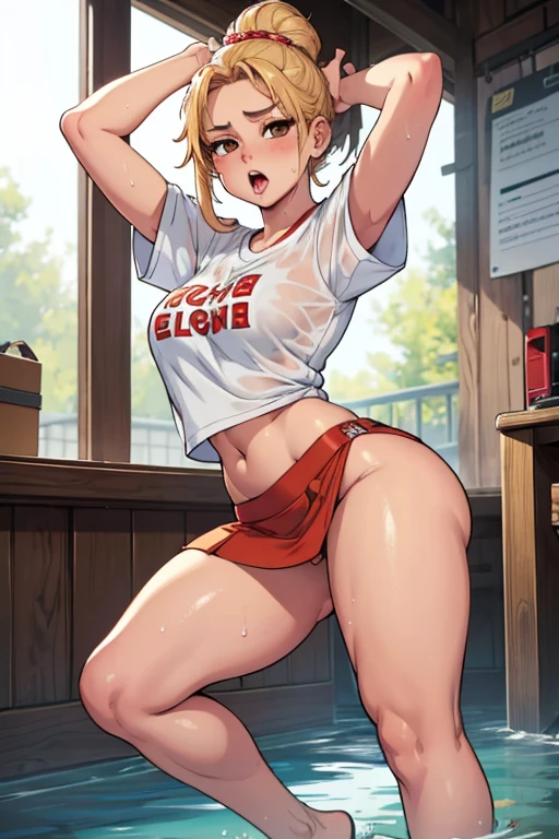 1 girl, small, (), blonde, hair up, big lips, big breasts, big thighs, (brown eyes), (she wears a white, transparent t-shirt, very tight to her body, the t-shirt is on, she sees her belly, very wet), (she is wearing a mini skirt, very tight, very short, her butt is visible), (no bra, no panties), (barefoot), (red cheeks, opening her mouth lasciviously, ahegao) , seducing me