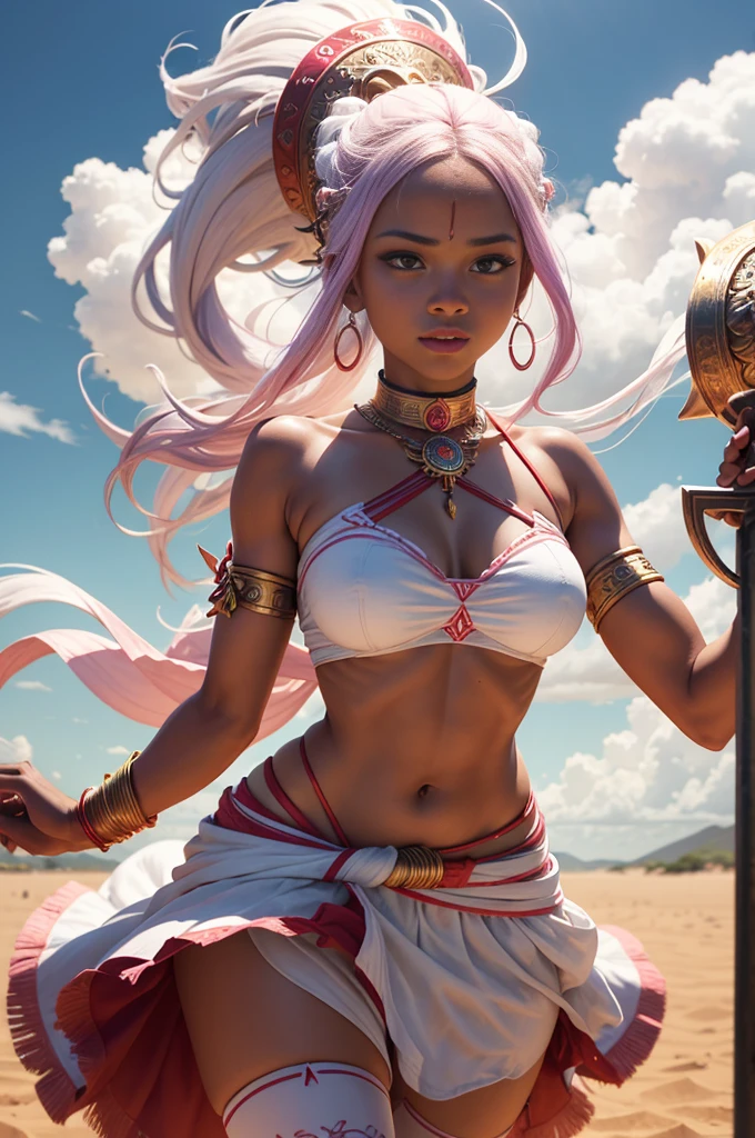 Iansã characteristics include audacity, female strengh, and she is the goddess of resolution. Its colors are white, red or pink and its symbols include sword, erexin (hypdertailed) and elements such as winds and storms. Iansã is worshiped in Candomblé, in Umbanda and other religions of African origin.