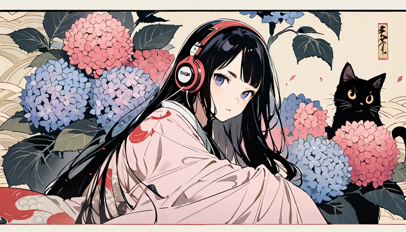 Highest quality, Katsushika Hokusai, Ink Painting, (((very straight longhair))), (((hydrangea))), (((Pale pink haori))), (((One black cat))), headphone, beautiful girl, Black Hair, Delicate and precise, Modern ukiyo-e style