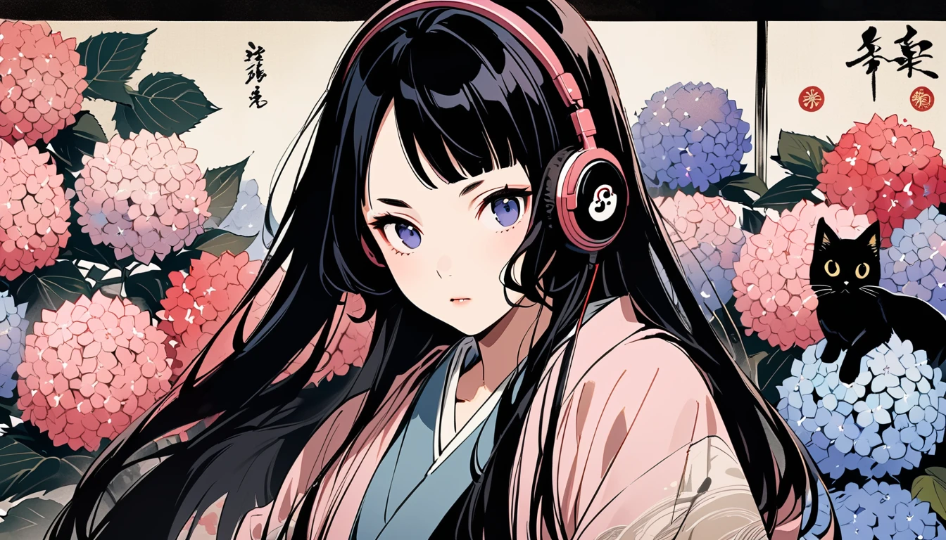 Highest quality, Katsushika Hokusai, Ink Painting, (((very straight longhair))), (((hydrangea))), (((Pale pink haori))), (((One black cat))), headphone, beautiful girl, Black Hair, Delicate and precise, Modern ukiyo-e style
