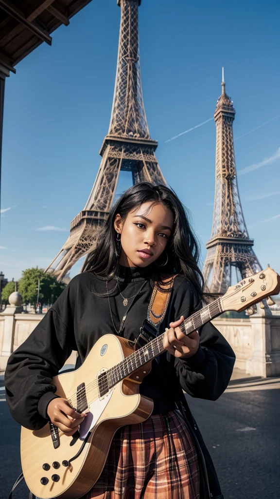 A black woman playing guitar in public, eifeil tower
