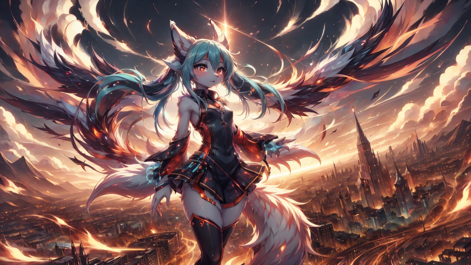 anime girl,tennage girl 18 years old, anime style, cute hatsune miku x white kitsune, shy girl , kitsune ears, dark natasha art, city landscape, art by vixen aztra, full body high definition in details the best image quality, add_detail:1 kitsune in hells add_detail:1, volando desde el cielo observa una ciudad, apunto de diaparar un rayo solar con su brazo izquierdo add_detail:1