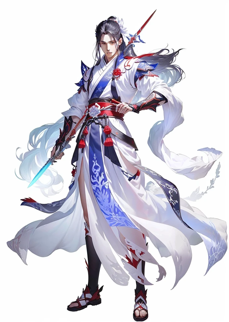 A man in white holding a sword,Dressed in red, Full body fairy, Full body martial arts, Onmyoji detailed art, she is holding a sword, Inspired by Guillaume, heise jinyao, Inspiration from Du Qiong, 剑 zero video game character,Long Sword, xianxia hero
