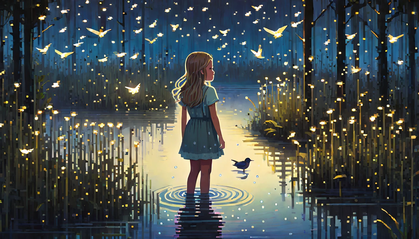 a young white girl standing in water, several birds flying and landing around her, fireflies in the night