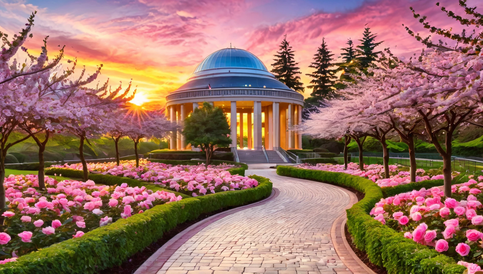 A beautiful scene of a rose garden with vibrant pink roses and cherry blossom pathways leading to an observatory. The sunset sky enhances the springtime beauty