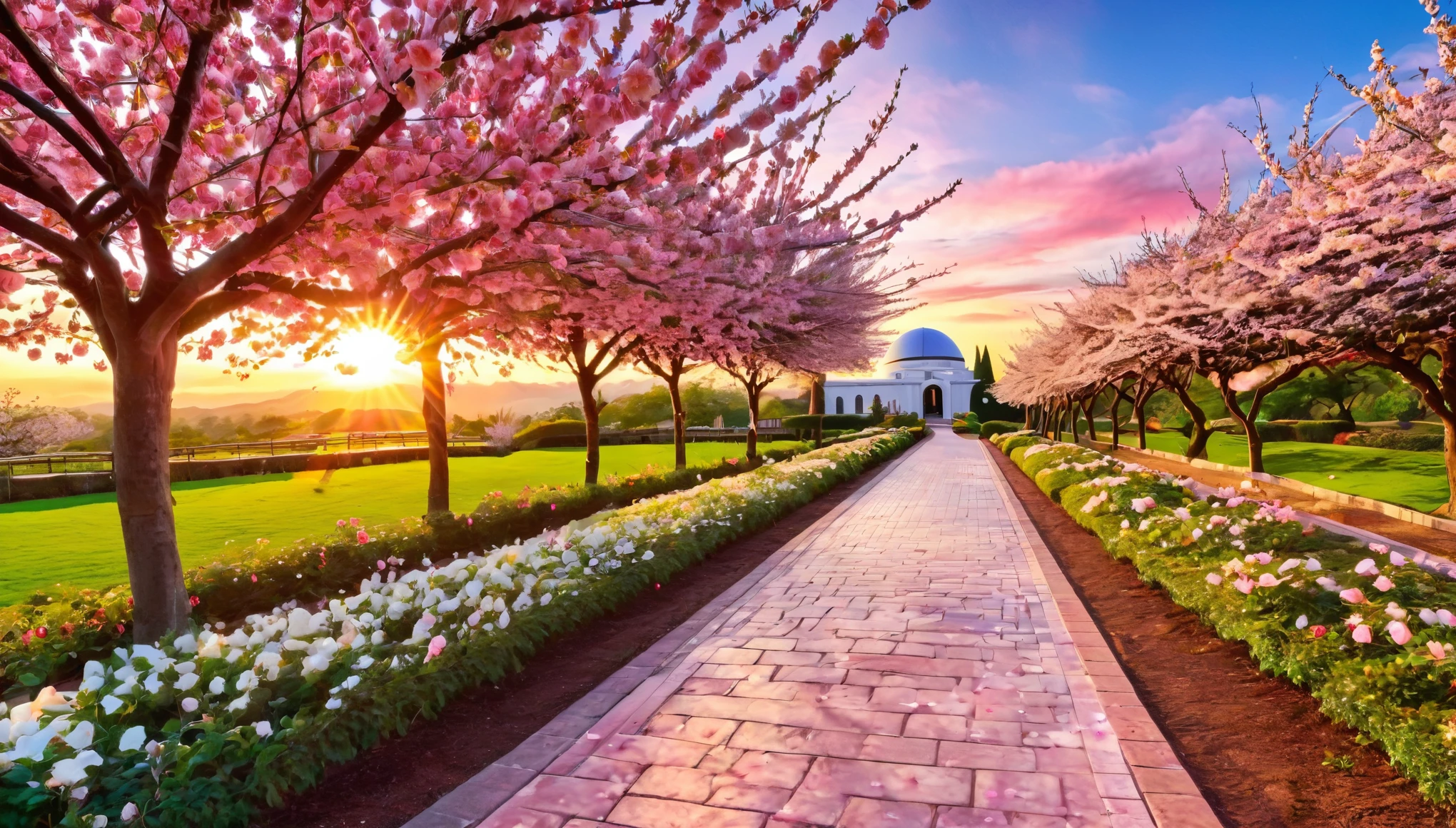 A beautiful scene of a rose garden with vibrant pink roses and cherry blossom pathways leading to an observatory. The sunset sky enhances the springtime beauty