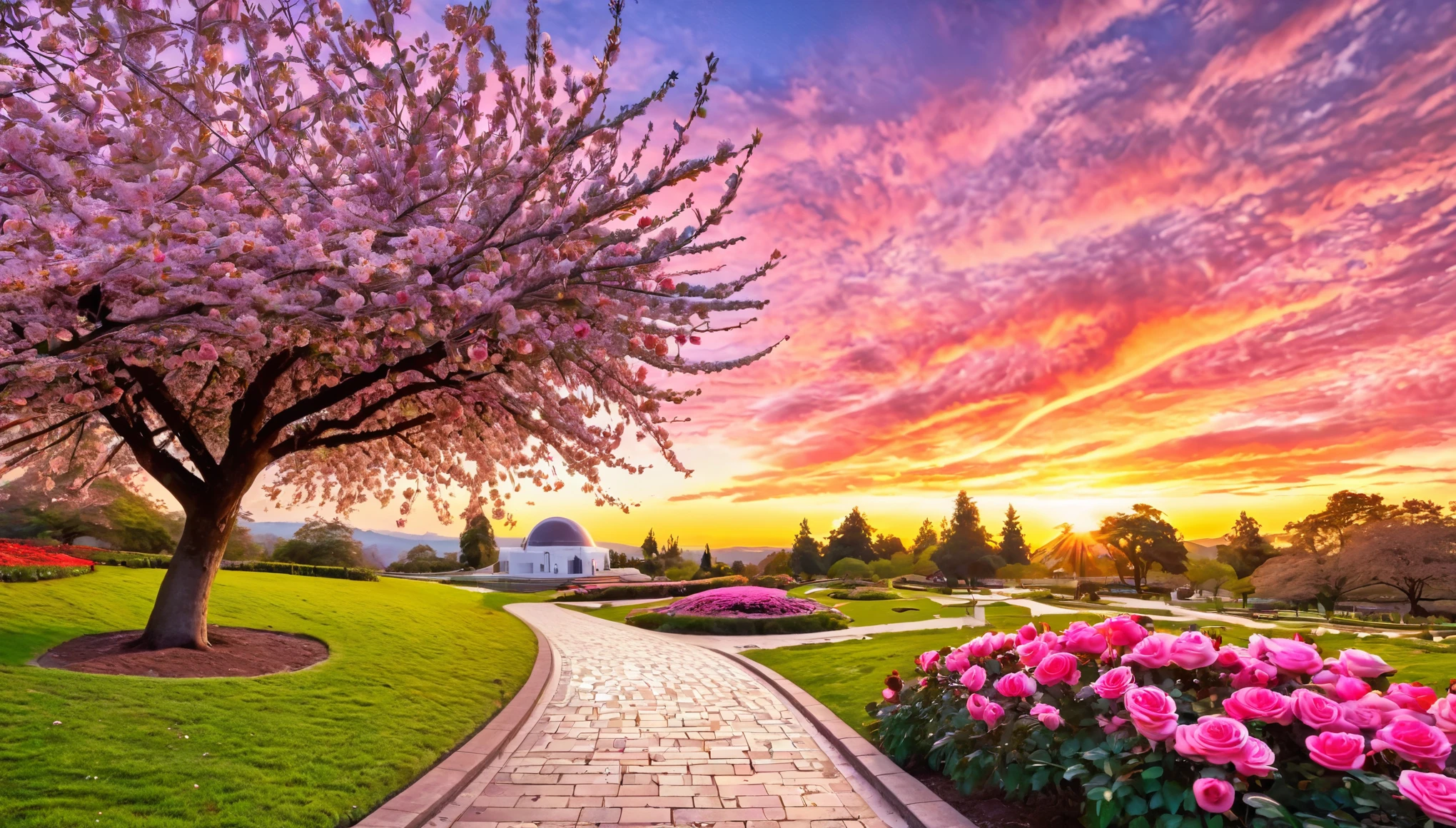 A beautiful scene of a rose garden with vibrant pink roses and cherry blossom pathways leading to an observatory. The sunset sky enhances the springtime beauty