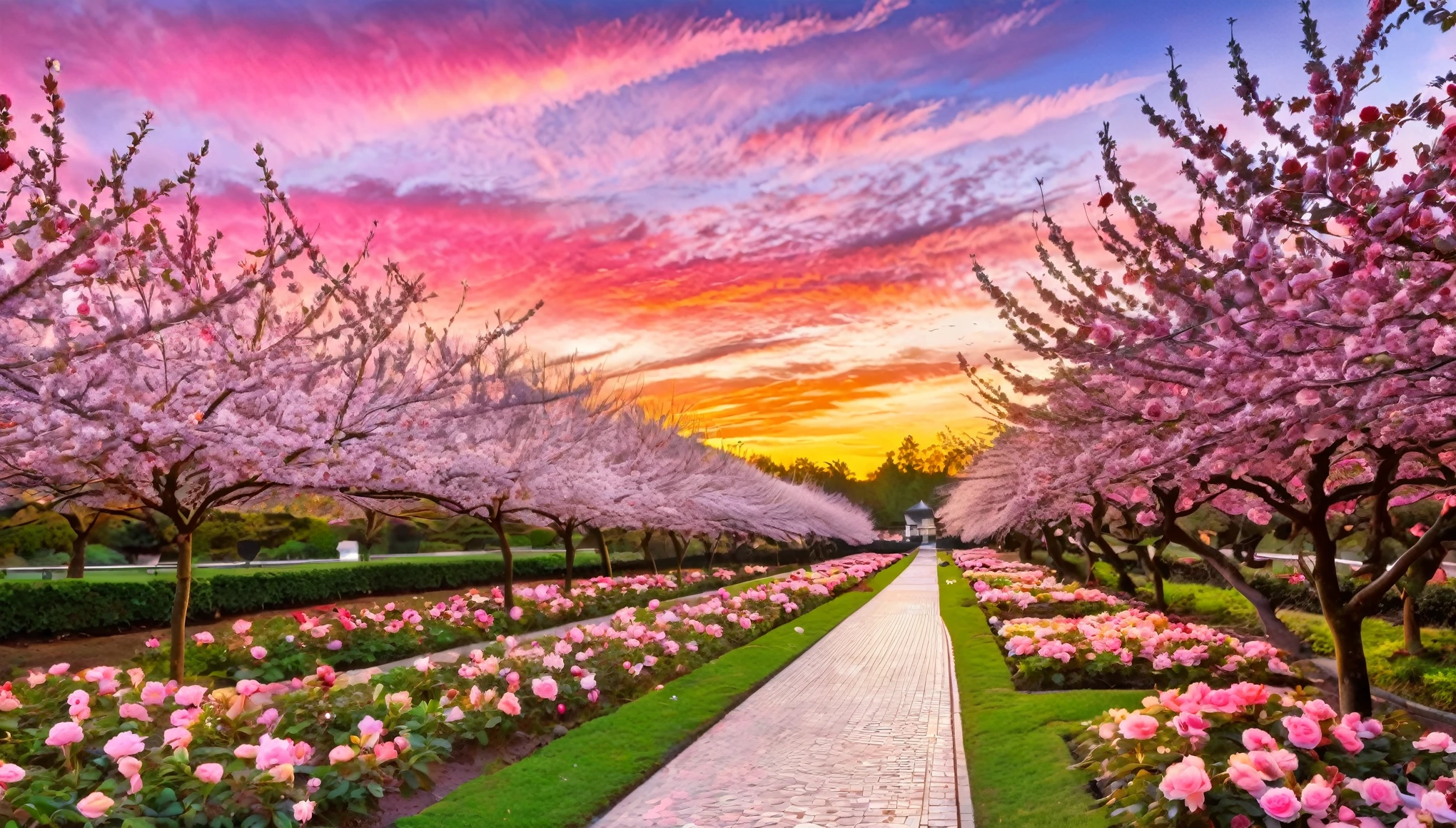 A beautiful scene of a rose garden with vibrant pink roses and cherry blossom pathways leading to an observatory. The sunset sky enhances the springtime beauty