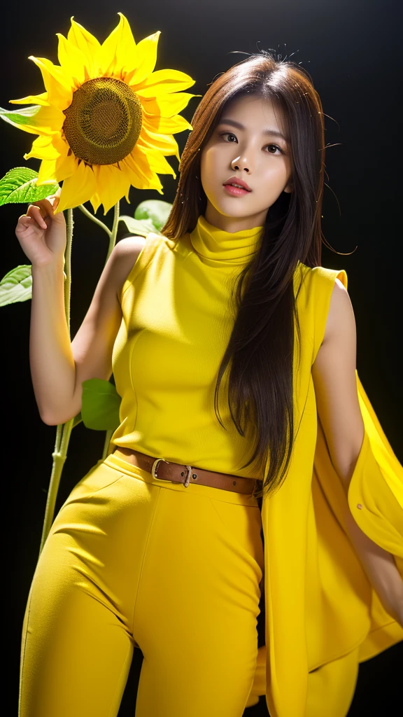 yellow background,((sunflower)),(detailed face),((crotch)),normal breasts,pretty,sleeveless and turtle neck yellow clothes,4k ,super high resolution ,(photo-realistic: 1.7),black long hair,
