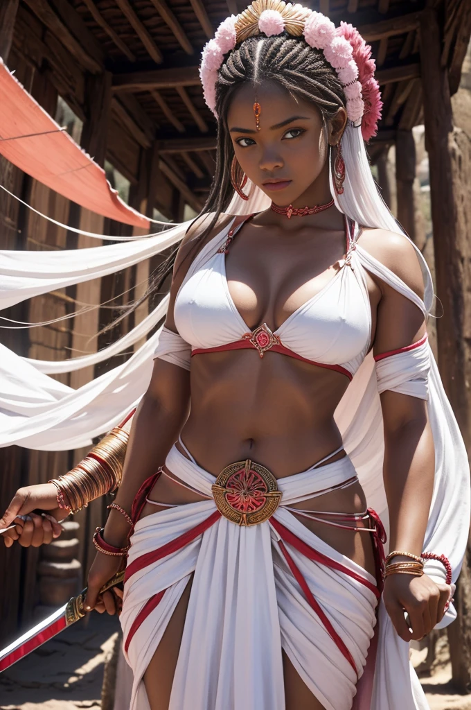 Iansã characteristics include audacity, female strengh, and she is the goddess of resolution. Its colors are white, red or pink and its symbols include sword, erexin (hypdertailed) and elements such as winds and storms. Iansã is worshiped in Candomblé, in Umbanda and other religions of African origin.