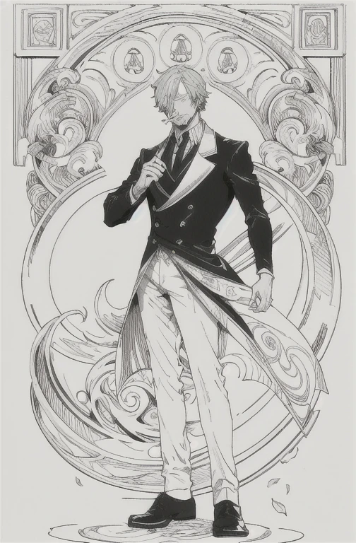 European man's portrait, full body picture, handsome man, straight short hair covering half his face, curly eyebrow, sanji, attractive, blonde, romantic frame, decorative panel. abstract, elegant beauty, gentle, kind, sweet, wearing suit, smoking cigarette, smoking, black suit,
Art by Alphonse Mucha, sketch, character lines and scenes without colors and shadows.
(Masterpiece, Best Quality, Highres:1.4), Detailed, Intricate Details, 4K, color splashes, line art, fibonacci,  Sanji, sanjiop, sanji2, new, new style, side view, 3/4 view, butler, waiter, chef, surrounded by food, smiling, happy, grin, smirk, 