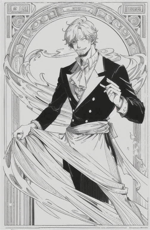 European man's portrait, full body picture, handsome man, straight short hair covering half his face, curly eyebrow, sanji, attractive, blonde, romantic frame, decorative panel. abstract, elegant beauty, gentle, kind, sweet, wearing suit, smoking cigarette, smoking, black suit,
Art by Alphonse Mucha, sketch, character lines and scenes without colors and shadows.
(Masterpiece, Best Quality, Highres:1.4), Detailed, Intricate Details, 4K, color splashes, line art, fibonacci,  Sanji, sanjiop, sanji2, new, new style, side view, 3/4 view, butler, waiter, chef, surrounded by food, smiling, happy, grin, smirk, 