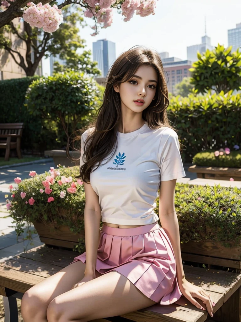 (best quality, 4k, Masterpiece, Ultra detailed, hyperrealism), beautiful 21 year old lady, (white miniskirt, tight t-shirt), sitting on bench, legs visible, holding her bent knee, showing her white underwear, garden van, pink flower tree, in the morning, light breeze that blows your hair and skirt, attention to details, NY city, RAW quality