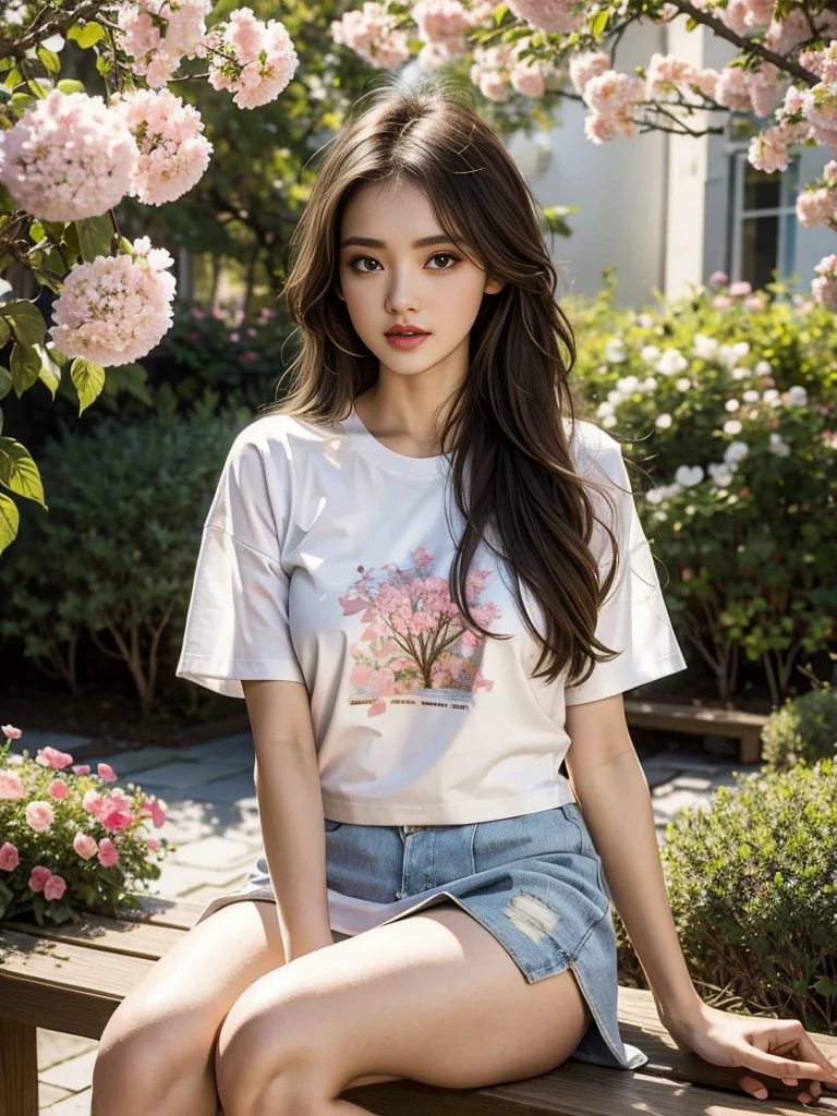 (best quality, 4k, Masterpiece, Ultra detailed, hyperrealism), beautiful 21 year old lady, (white miniskirt, tight t-shirt), sitting on bench, legs visible, holding her bent knee, showing her white underwear, garden van, pink flower tree, in the morning, light breeze that blows your hair and skirt, attention to details, NY city, RAW quality