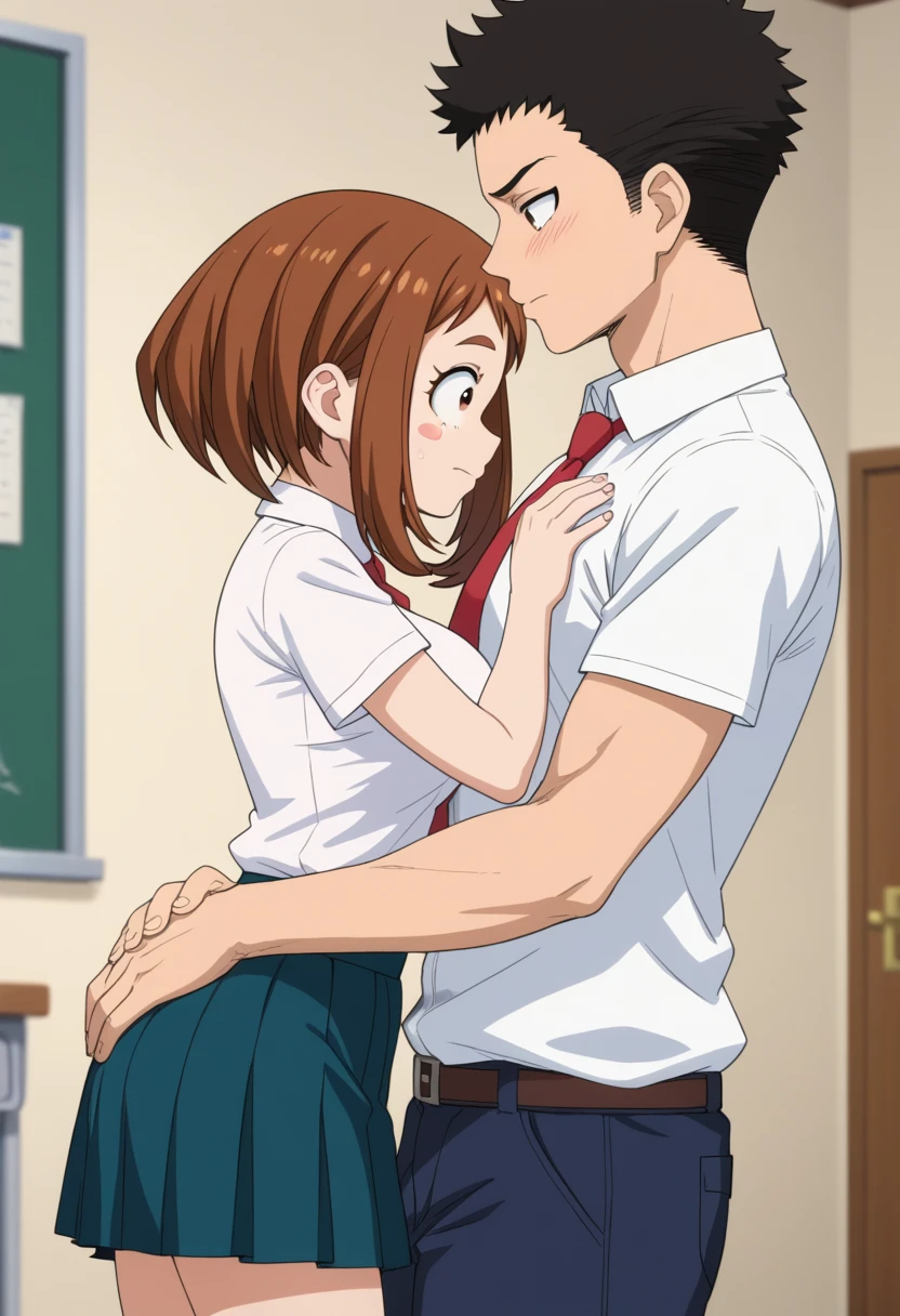 score_6_up, best quality, anime screencap, 1girl, ochako uraraka, brown eyes, brown hair, short hair, big breast, embarrassed_female, in school, student, uniform, white shirts, red tie, skirt, (1boy, size difference, faceless male, male face out of frame), from side, profile, face to face, hug, standing, looking at male face, put hands on ass