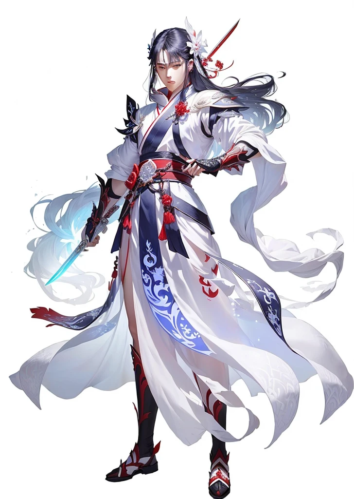 A man in white holding a sword，Dressed in red, Full body fairy, Full body martial arts, Onmyoji detailed art, she is holding a sword, Inspired by Guillaume, heise jinyao, Inspiration from Du Qiong, 剑 zero video game character,Long Sword, xianxia hero