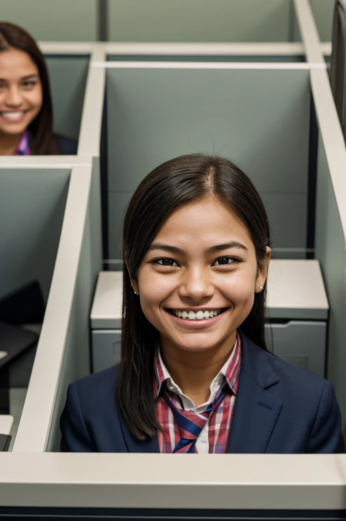 Generates a girl with a grotesque face, a disturbing smile with uneven teeth, empty eyes that are looking over a cubicle to play tricks