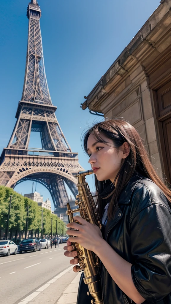 A woman playing saxofone in public, eifeil tower