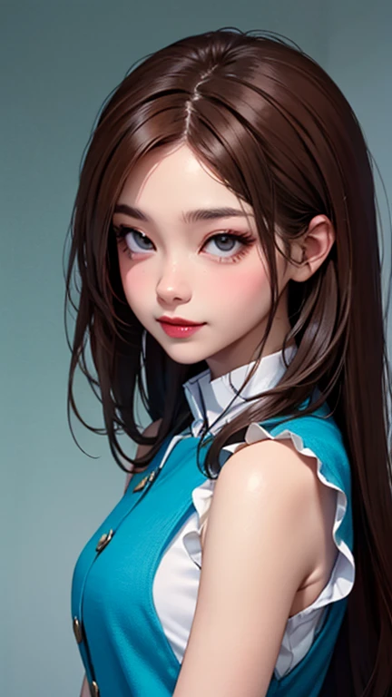 blush a little and smile, (Top quality masterpiece:1.2) Delicate illustrations, Very detailed, /Beautiful Japanese Women、1 person,Very cute and slim、Great style 、((8K images、super high quality))、Very delicate face, Skin and Hair、beautifule forehead、Red lipstick、(((((Mid-length hair、Brown Hair、lure))))),Very cute Japanese cut face、Eyes and nose are clearly visible、Kind eyes,((((Sleeveless fashion))))