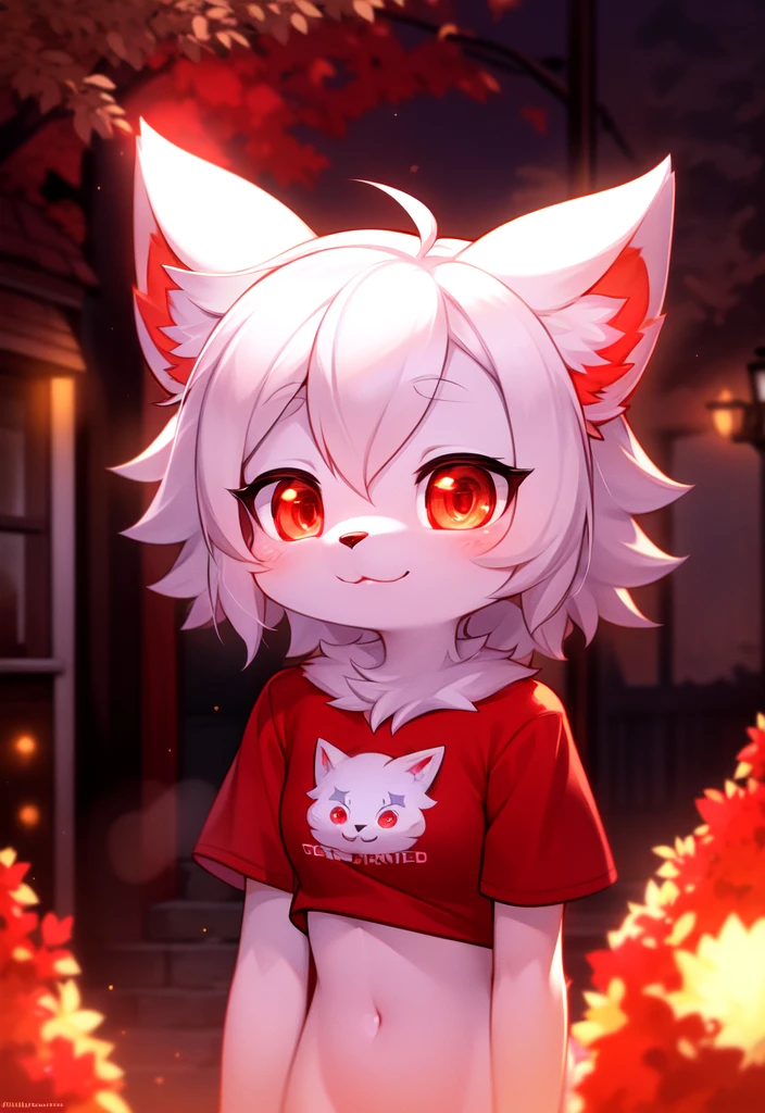 furry, white fur, ultra cute face, red elements on fur, glowing t-shrt, beautiful lights and shadows, ambient light, ultra detailed fur, volumetric light