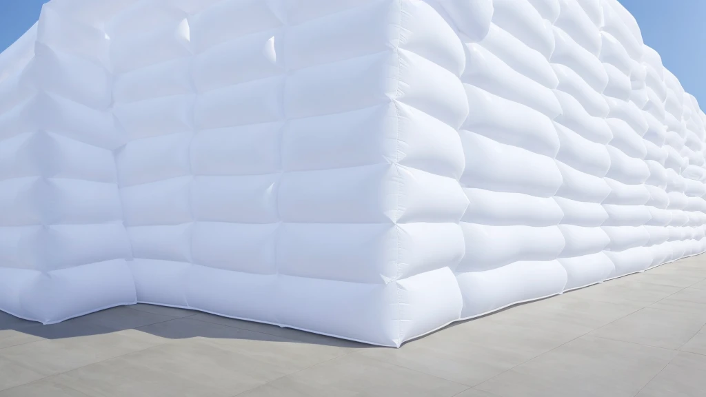 A wall composed of inflatable blocks,Front view,Realistic of a inflatable installation in the shape, white inflatable plastic film material, wrapped in a white polyester sheet. close-up,,minimalist, most best quality,32K Ultra HD, super detail, best quality, highres, high details,Top view