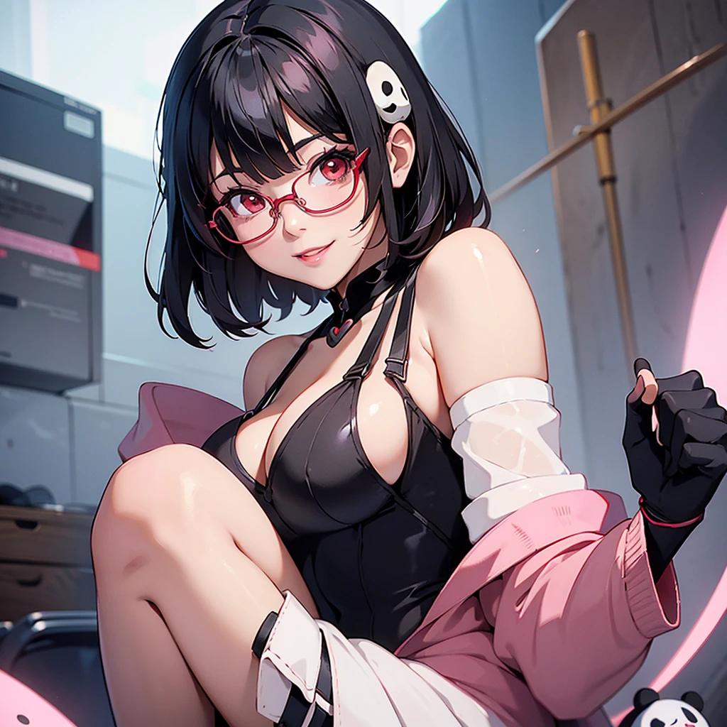 A girl with panda cosplay, red eyes, black hair, short hair, long bangs, pink lips, detailed face, cute art, anime art, (glasses), seductive girl, cute smile, good body shape, Recognizable silhouette