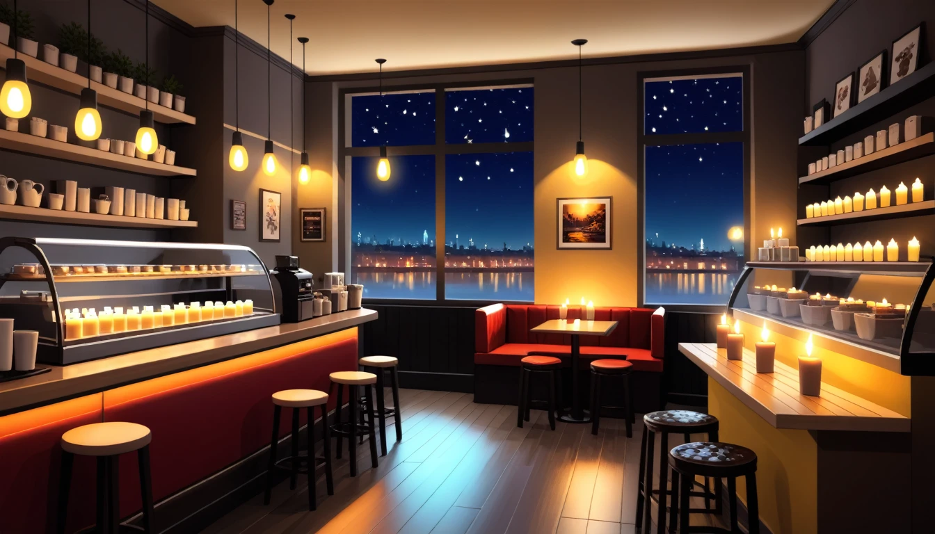a cozy night time interior of a coffee shop with candles, sweets in the shelves and coffee cups in the tables, there are also windows in which you can the the nightlife outside